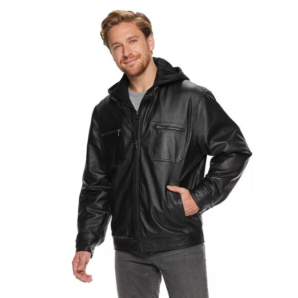 VINTAGE LEATHER‎ RACING JACKET WITH REMOVABLE HOOD IN BLACK NWT MEN'S SIZE XL - Picture 1 of 16